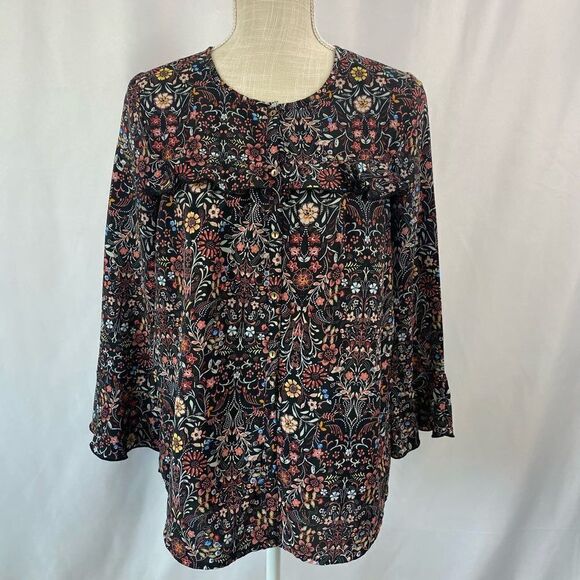 LC Lauren Conrad Floral Black Ruffle Sleeve Blouse Loose Fit Women’s S Cottageco - Picture 1 of 14